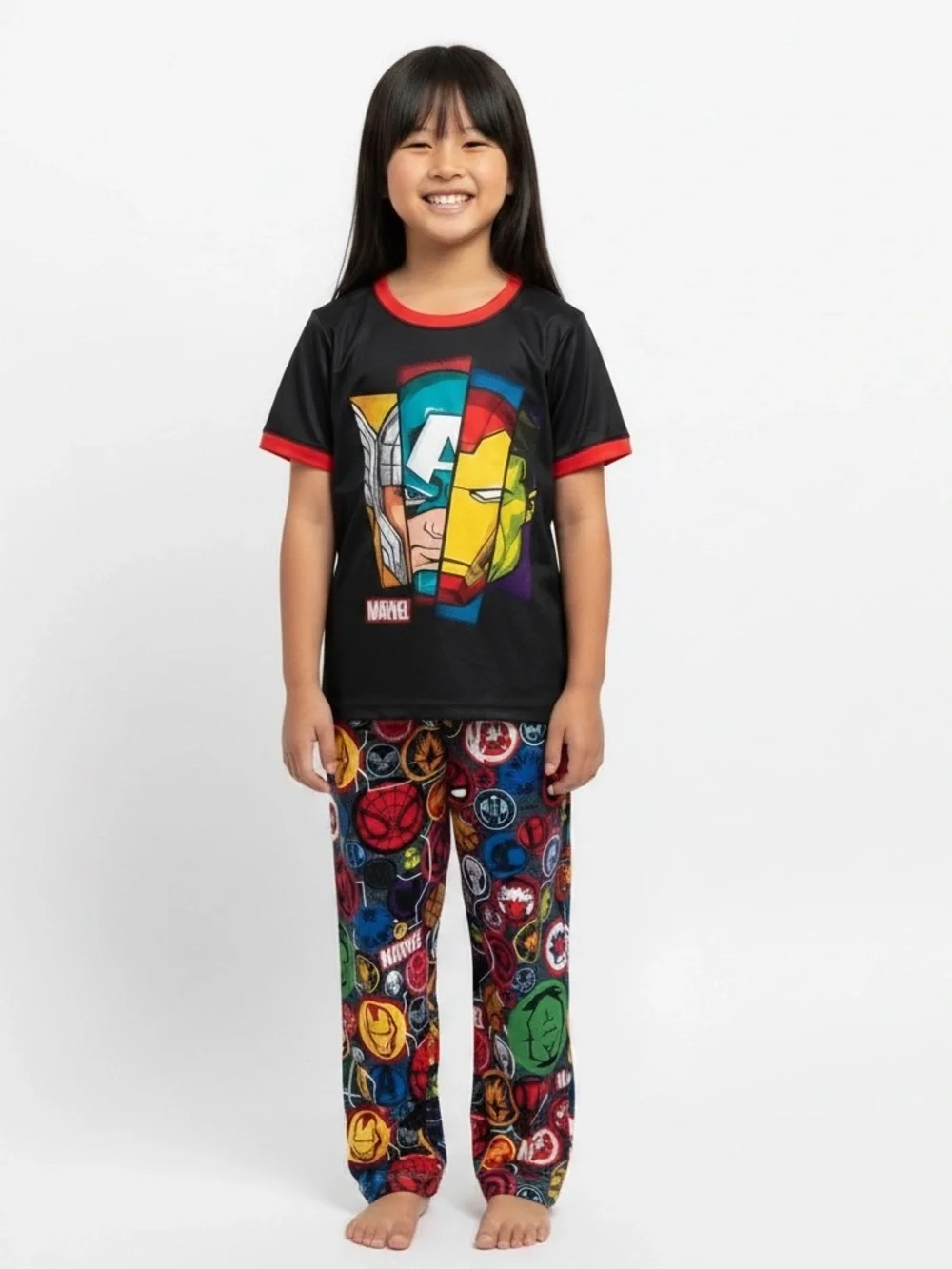 Marvel Black Tee with Multicolor Avengers Face & Colorful Icon Leggings